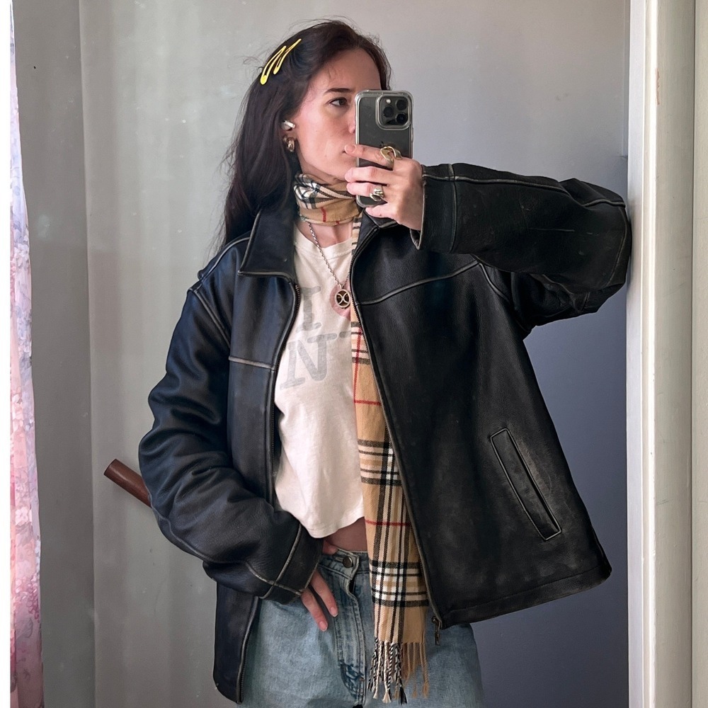 Vintage Eddie Bauer‎ Leather Bomber Jacket Black Distressed Oversized Zip Coat